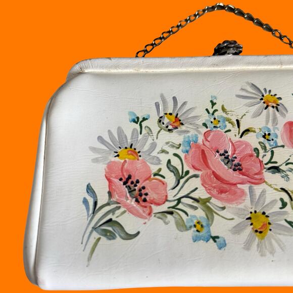 50's 60's vintage white handprinted floral clutch bag *flaws* lily bet - Picture 2 of 9